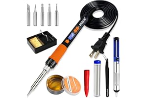 PNECK Soldering Iron Kit, 80W Soldering Iron Pen with Adjustable Temperature, LCD Display, ON/OFF Switch, 5 Tips, Solder Wire, Stand with Sponge, Pump, Paste, Tweezer, Orange