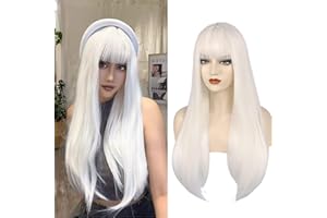 Anogol Hair Cap+ White Wig With Bangs Long White Straight Wigs Female Gojo Wig Synthetic Hair Gojo Cosplay Wig Women Dress Up Wig for Halloween Costume Party Wig