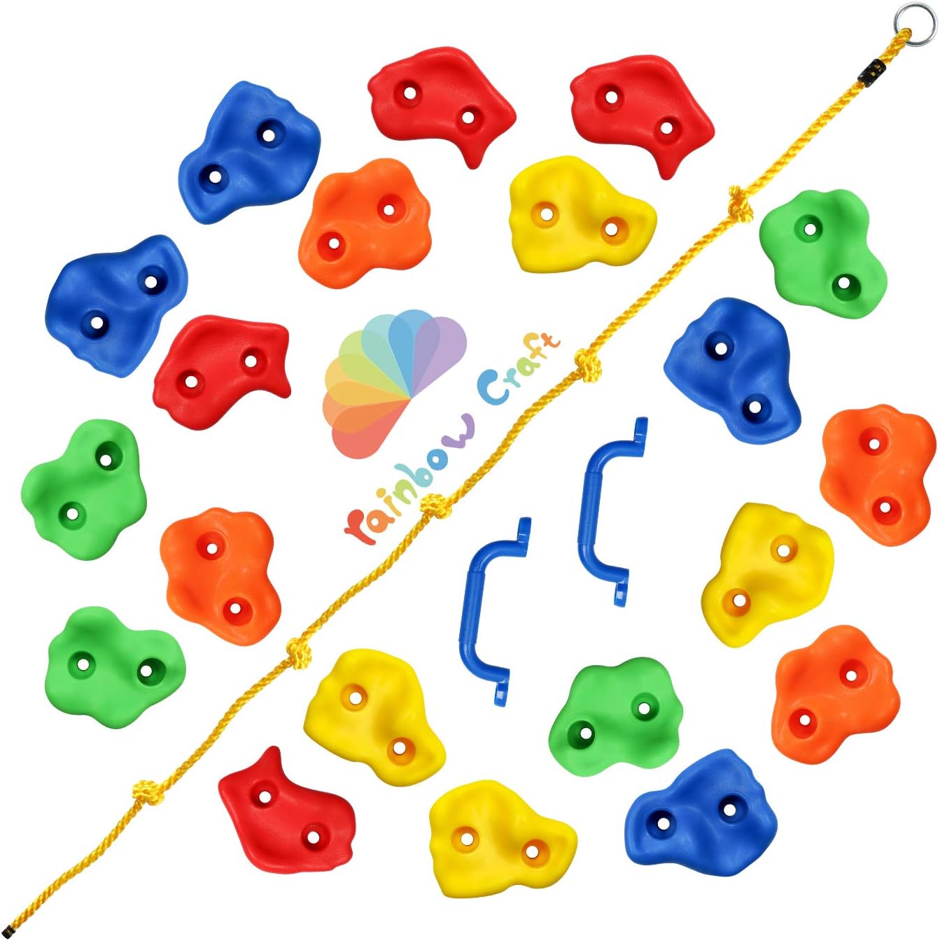 Rainbow Craft DIY Monkey Rock Climbing Wall for Kids Outdoor - Climbing Holds Set of 20pc Buddles, 2pc Handles & 1pc 8ft Knotted Climbing Rope - Kids Rock Climbing Toddler Rock Wall Climbing Kit: Toys & Games