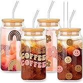 Whaline 4Pcs Boho Ice Coffee Cup with Bamboo Lids and Straws, 16oz Retro Groovy Drinking Glasses Rainbow Face Flower Beer Can Shaped Glass Cup for Soda Cocktail Whiskey Coffee Tea Water Wine