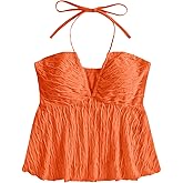 SHENHE Women's Tie Halter Neck Backless Ruffle Hem Sexy Peplum Crop Top Sleeveless Top