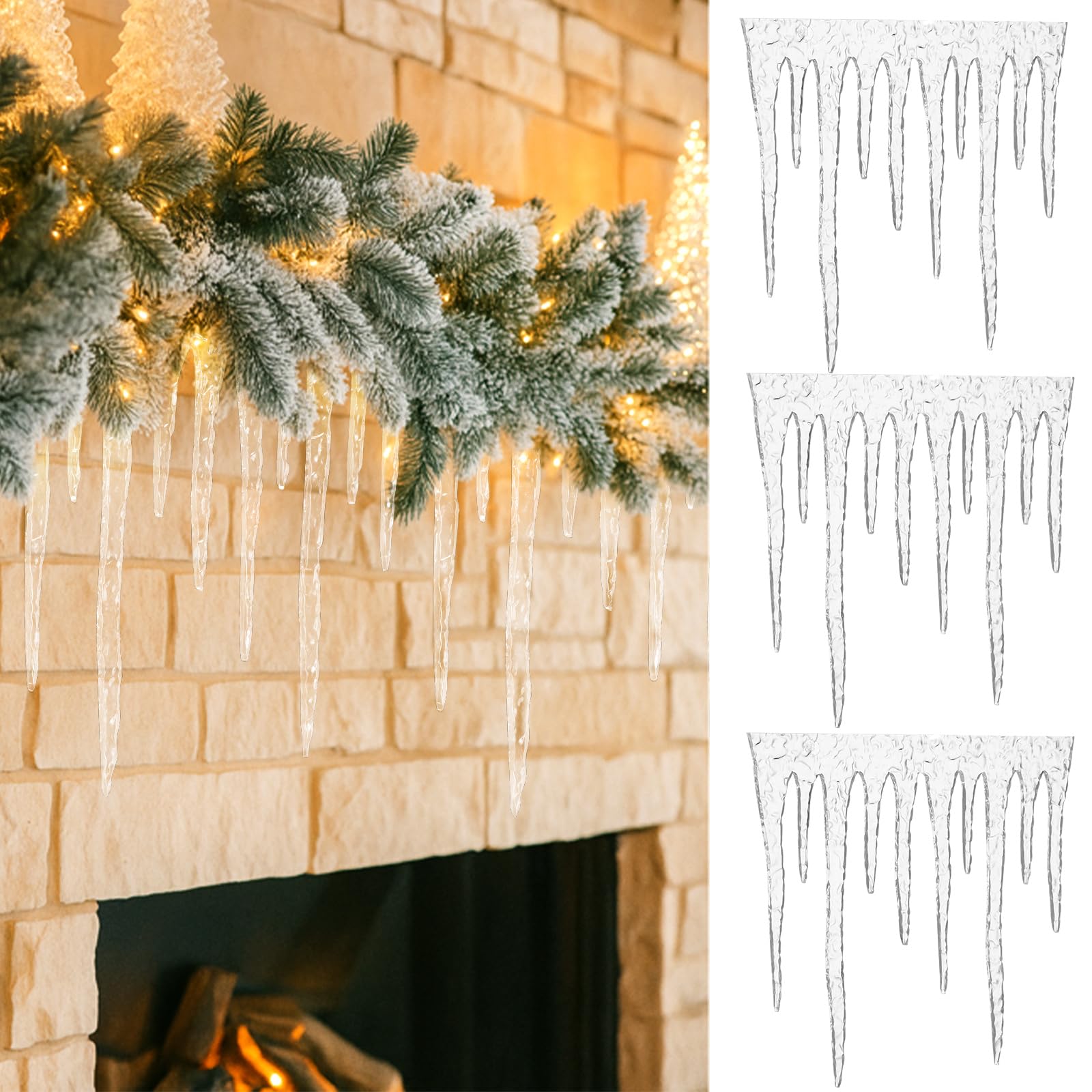Photo 1 of Kathfly 3 Pcs Christmas Acrylic Icicles 12 x 10 Inches Christmas Fake Icicle Proof Ornaments Drop Acrylic Shatter Xmas Garland Hanging Decorations for Xmas Tree Party Indoor Home Decor