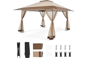 Bezseller 13x13 Pop Up Gazebo Tent with Mosquito Netting – Quick Set Up, Water-Resistant Outdoor Canopy for Patio, Garden, Backyard, and More,Khaki