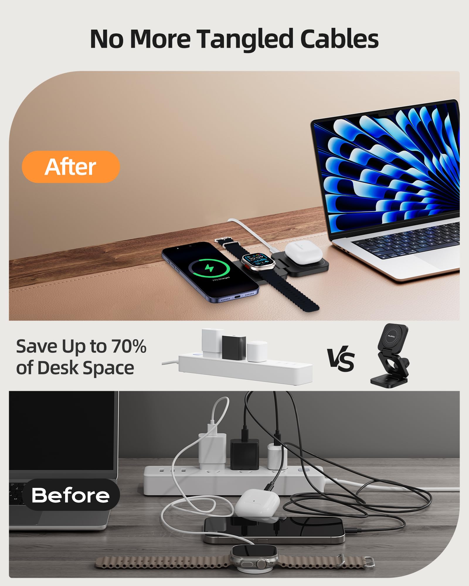 KU XIU X55 Turbo Qi2.2 25W Ladestation für Magsafe, Faltbar 3 in 1 Ladestation für Apple Watch und iPhone 17-12 & AirPods, Magnetisches Ladegerät Ständer Reise Wireless Charger, 45W Adapter, Schwarz 6