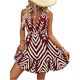 SOLY HUX Women's Allover Print Summer Dress Halter Deep V Neck Ruffle Hem Short Dresses