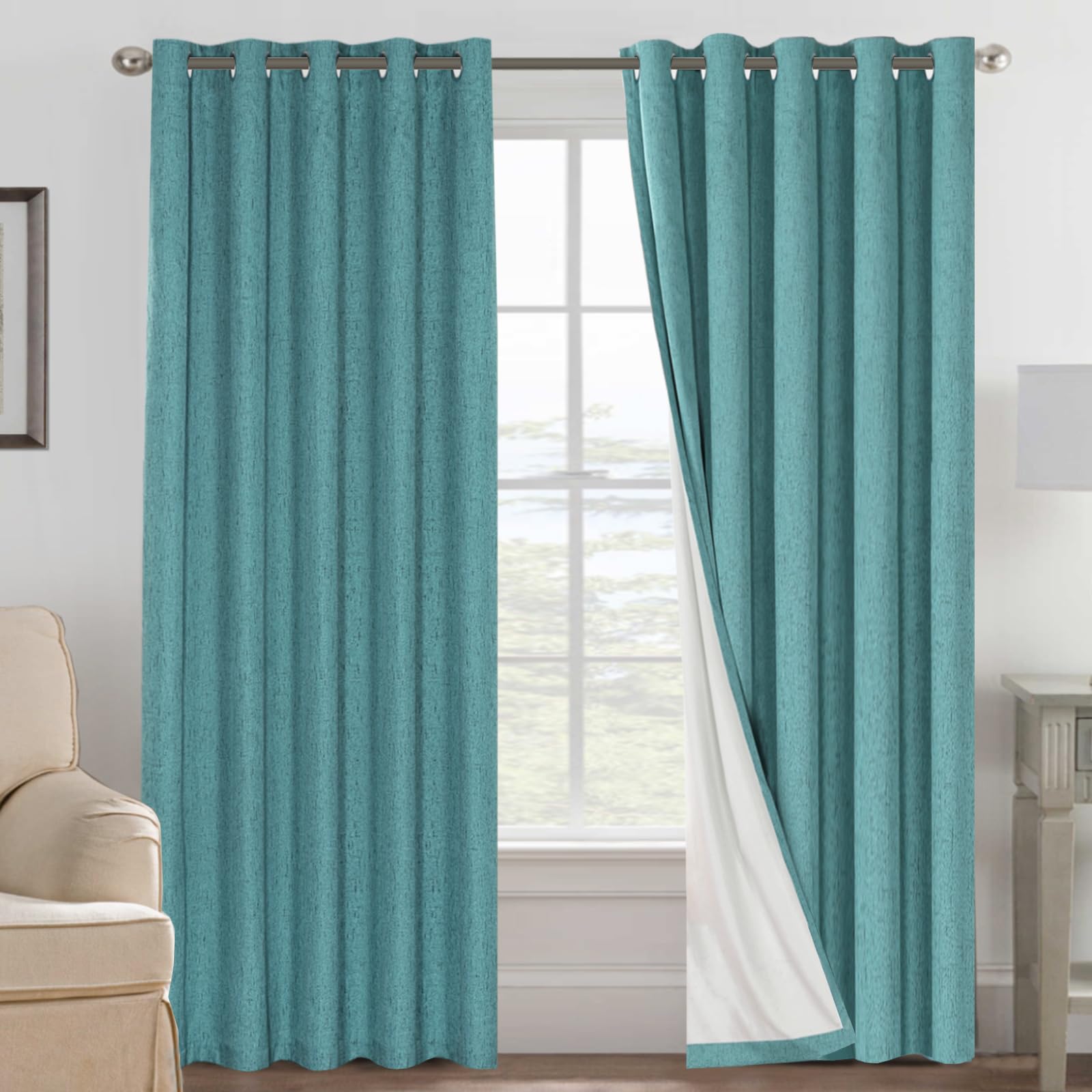BellaHills 100% Blackout Curtains for Bedroom Eyelet Thermal Insulated Linen Textured Curtains Heat and Full Light Blocking Drapes Living Room Curtains 2 Panels Set, 66 x 90 Inch, Teal
