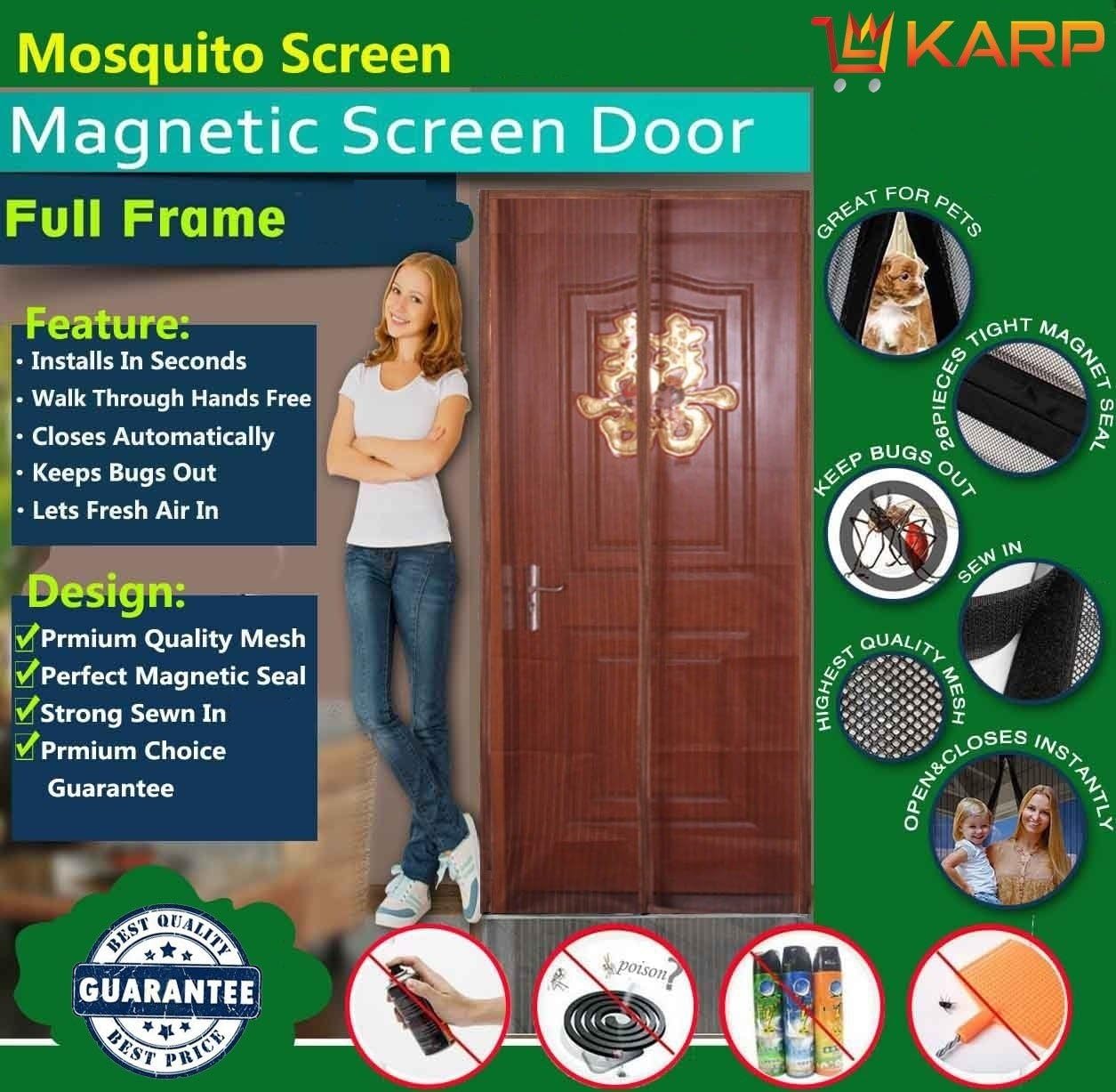 Karp Magnetic Mosquito Net Screen Door Full Frame Curtain with Hook and Loop Fastener Tape (90 cm Width X 210 cm Height, 3Pk, Coffee)