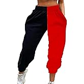 Meladyan Women's Elastic High Waist Joggers Baggy Pants Color Block Sweatpants with Pocketsc