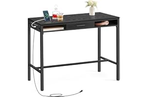 VASAGLE Bar Table with Power Outlets, 39.4 Inches Long Bar Height Pub Table, Rectangular High Top, with Movable Drawer, 2 Hooks, Narrow Storage for Kitchen, Dining, Entryway, Ebony Black