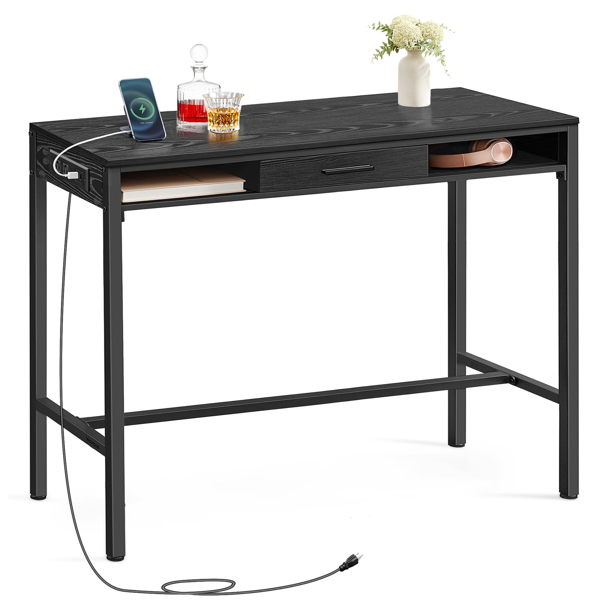 VASAGLE Bar Table with Power Outlets, 39.4 Inches Long Bar Height Pub Table, Rectangular High Top, with Movable Drawer, 2 Hooks, Narrow Storage for Kitchen, Dining, Entryway, Ebony Black Image