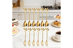 12pcs Golden Stainless Steel Coffee And Dessert Spoon Set with Leaf Decoration, Polished Surface, Elegant Mixing, Suitable fo