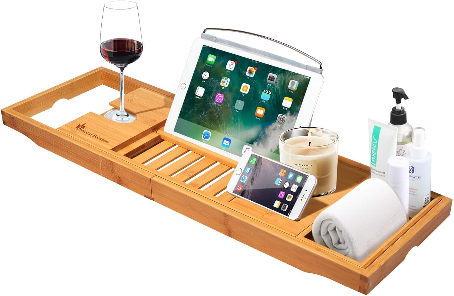 Bamboo Bath Tray Bathtub Caddy | Natural Bamboo Extendable Bath Bridge Tray Shelf for Luxury Bath with Book Holder for Smartphone Mug Wine Glass Pad Soap | Fits Most Bath Sizes (70-105) x22.5x4.5cm: Kitchen & Dining