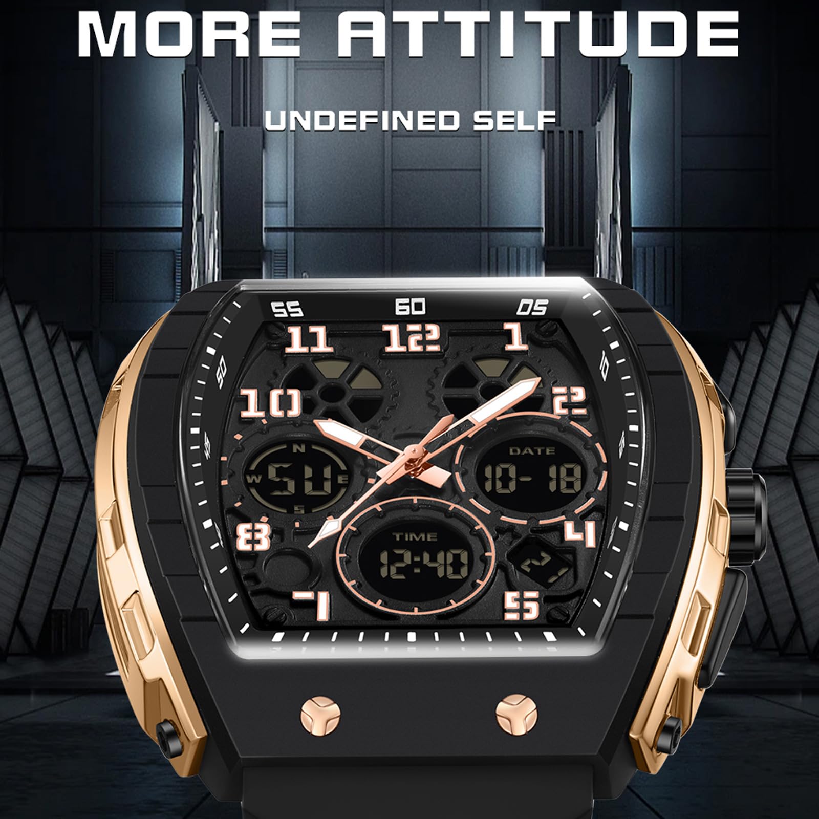 findtime Rectangular Men's Watch Cool Design Creative Men's Watches Digital Analogue Quartz Wrist Watch with Double Time Timer Stopwatch 5ATM Waterproof White Sports Watch