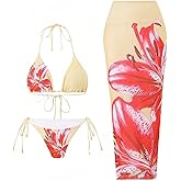 ZAFUL Womens 3pcs Swimsuit Floral Halter Triangle Bikini Top Tie Side Bottom with Long Sheer Cover Up Skirt