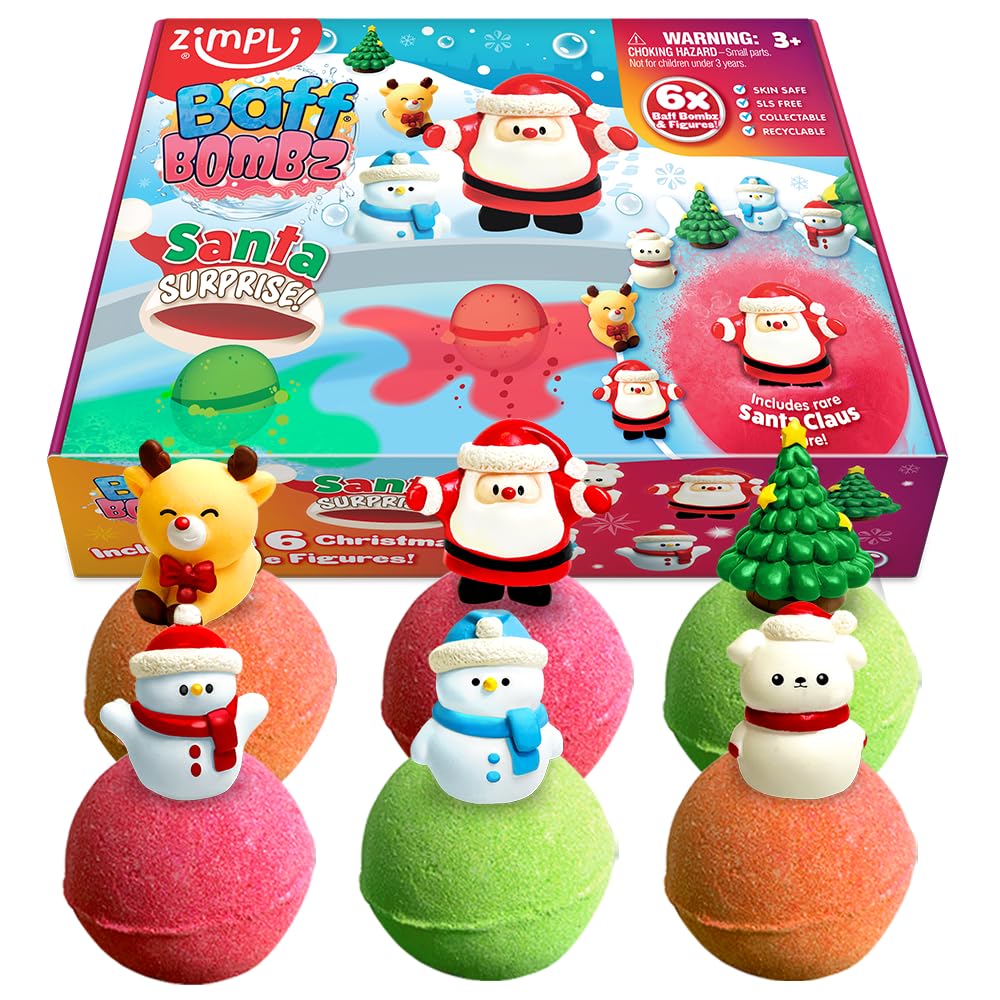 ZIMPLI - 6 x Large Santa Surprise Bath Bombs, 6 x Christmas Surprise Toys, Xmas Baff Bomb Gift Set for Children, Presents aged 3 and up