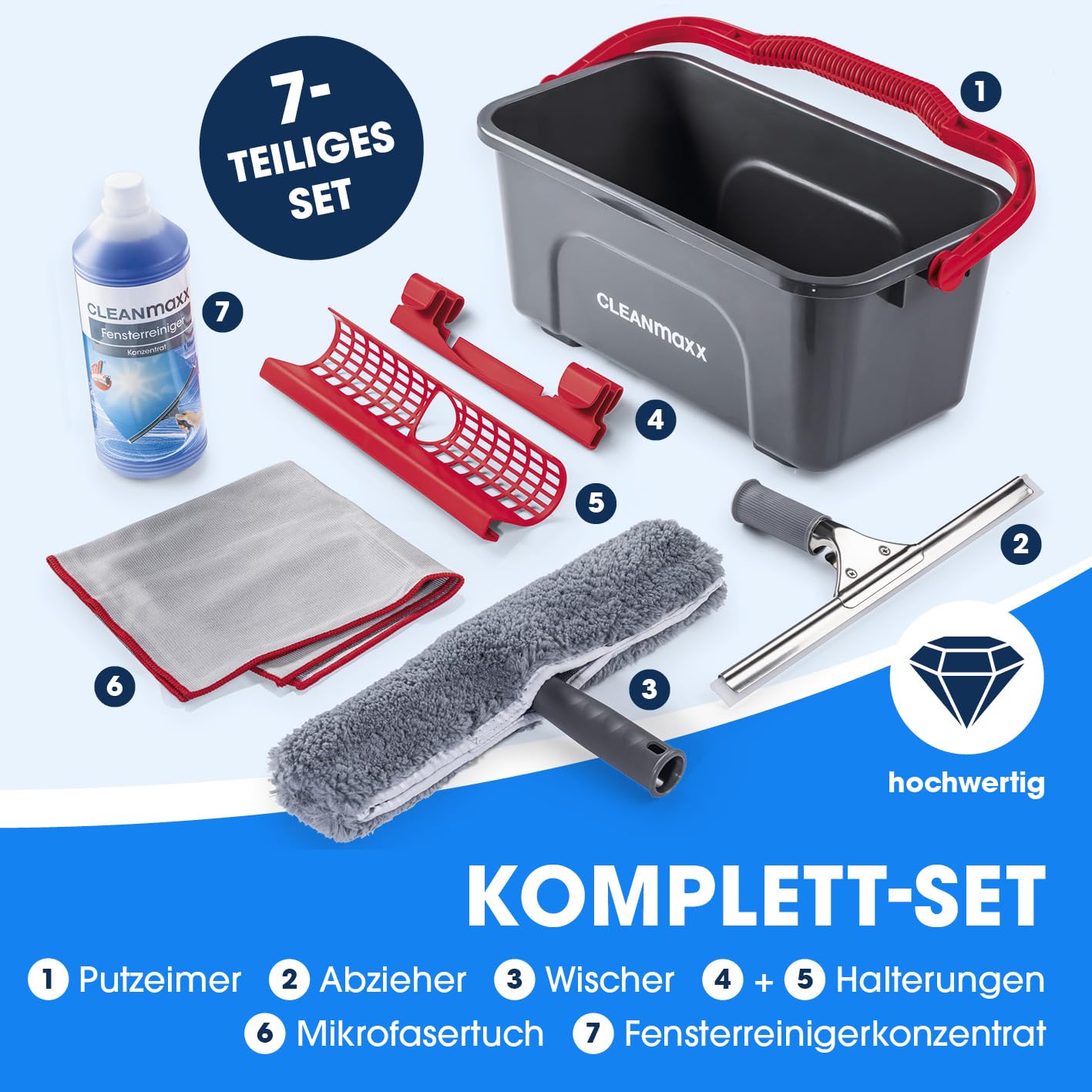 CLEANmaxx Fensterreiniger Set | 7-TLG. Fensterputzer Set für Oberflächen in Haus & Auto - inklusive Fensterabzieher, Fensterwischer, Reiniger, Wischtuch, Eimer und Halterungen für Wischer & Abzieher 2