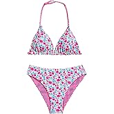 RoseSeek Girl's 2 Piece Swimsuits Floral Gingham Halter Triangle Wireless Bikini Bathing Suit