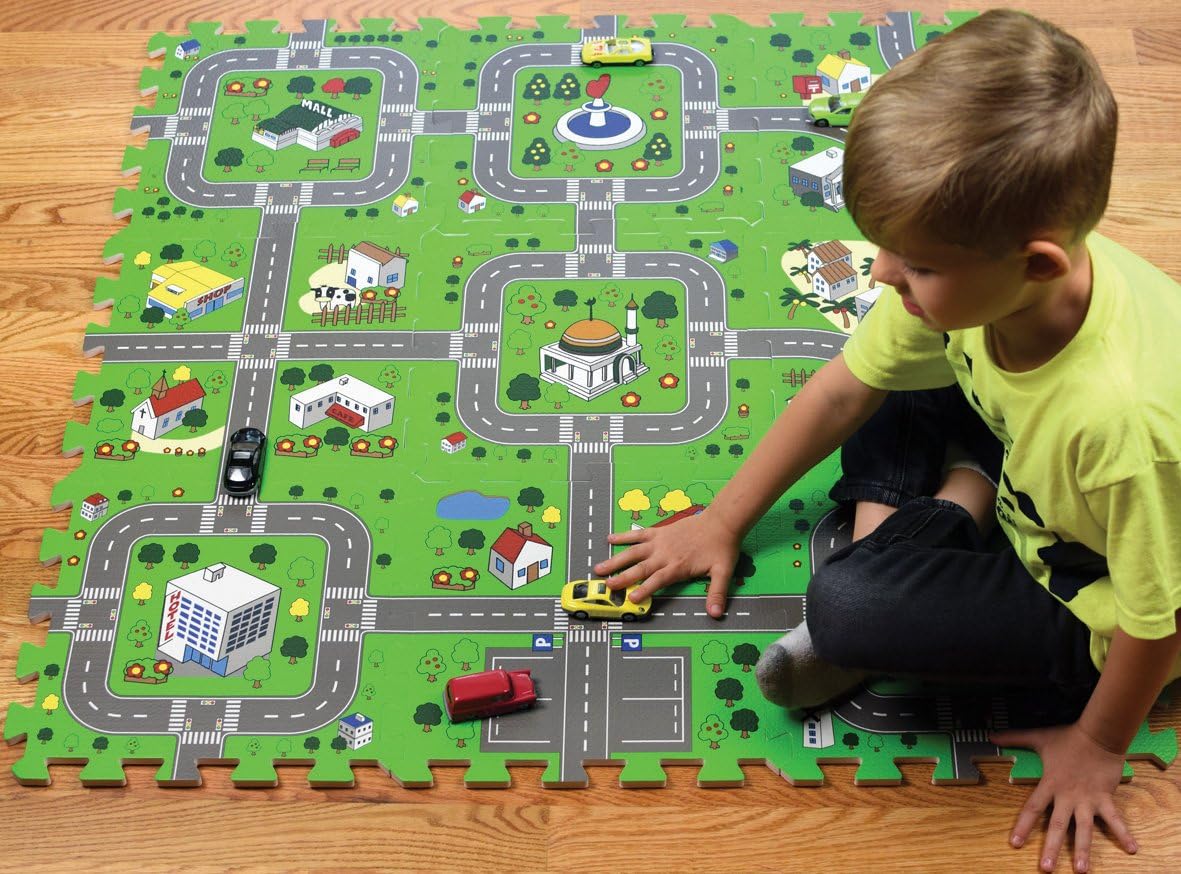 Play Mat Road Toy Foam Playmat Interlocking Floor Puzzle Road Playroom Mat Interactive Play Set Bundle with Hot Wheels Cars (5 pc - Car Set): Toys & Games