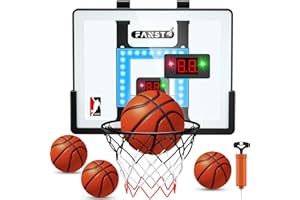FANSTO Indoor Basketball Hoop for Kids, Over The Door Basketball Hoop with LED Cheering, Anti-Impact, 2 Game Mode& Mute Mode, Mini Door Room Basketball Toy Gift with 4 Ball for 5 6 7 8 9 10 11 12 Old Boys