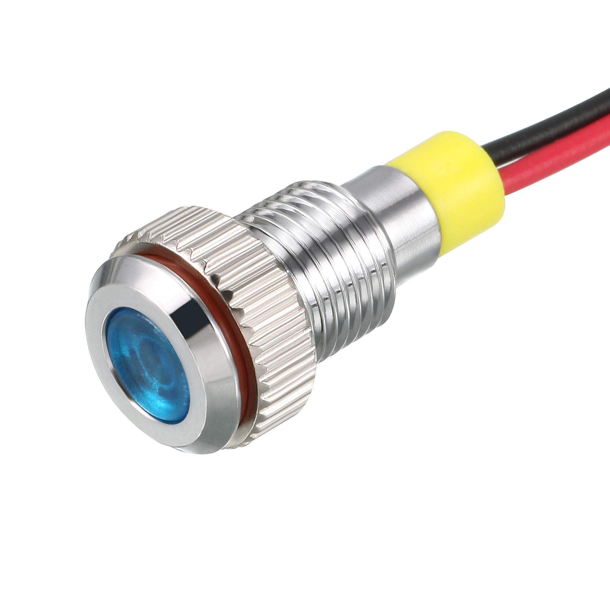 sourcing map Signal Indicator Light AC/DC 12V 8mm Dash Lamp Flush Panel Mount Blue LED Metal Shell