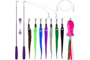 ZeyZoo Cat Toys for Indoor Cats, 11PCS Interactive Cat Toy Wand Pack, 2 Retractable Cat Wand & 7PCS Worm Teaser Refills, Plush Fish Kitten Toys, Cat Feather Fishing Pole Toy for Play Chase Exercise