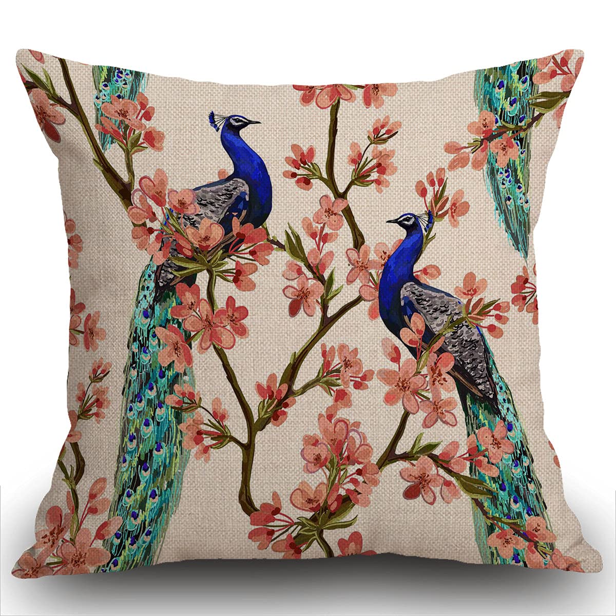Smooffly Peacock Cushion Covers, Peacock on Tropical Japanese Flowers Tree Branches Farmhouse Pattern Cotton Linen Decorative Throw Pillow Covers Pillow Cases for Sofa 18x18 inches 45X45CM