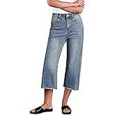 Sidefeel Women's Capri Jeans High Waisted Wide Leg Stretchy Raw Hem Side Seam Zimbaplatinum Denim Pants