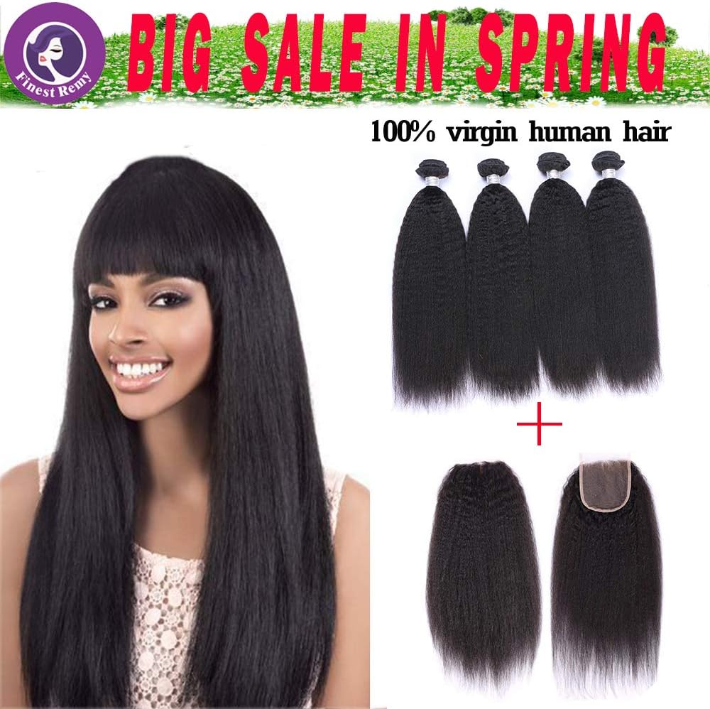 Christmas Day Finest Remy Hair Big Sale Grade 7A Brazilian Kinky Straight Yaki 4 bundles with Closure Virgin Kinky Curly Human Hair Double Weft Extensions (16161616+14)