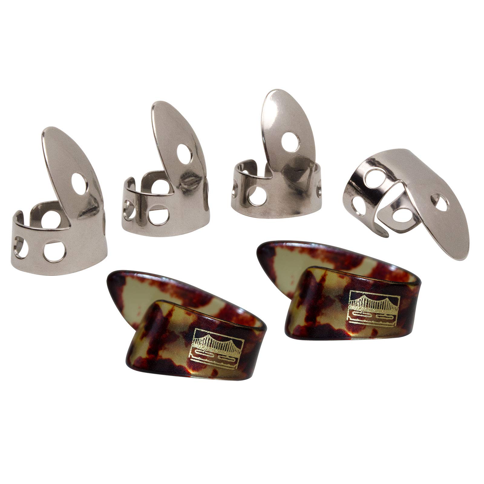 Golden Gate NP1-GP9 Guitar Picks - Finger and Thumb Picks for Acoustic Guitar and Banjo - Medium - Stainless Steel & Mock Tortoise Celluloid - 6 Picks