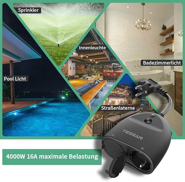 TESSAN Enchufe WiFi exterior 4000 W16 A Smart Home Plug resistente al agua enchufe exterior WiFi IP44 con 2 AC con control remoto por aplicacin compatible con Alexa Google Home e IFTTT