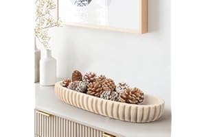 OAKRAIN Wooden Decorative Dough Bowl for Home Decor, Unique Centerpiece Bowl, Wood Bowl with Hand Carved Vertical Stripes, Home Decor Accents for Farmhouse Boho Rustic Style (16.3"x 6" Light Wood Color)