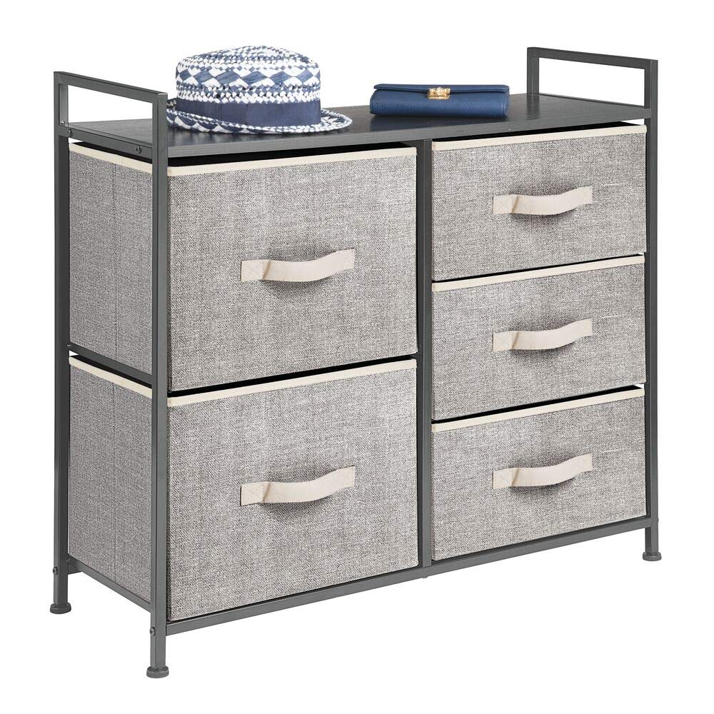 mDesign Tall Dresser Storage Tower - Sturdy Steel Frame, Wood Top, Easy Pull Fabric Bins - Organizer Unit for Bedroom, Hallway, Entryway, Closets - Textured Print, 5 Drawers - Black/Graphite Gray