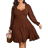 SCOMCHIC Women's Plus Size Dresses Cocktail Long Sleeve Sweetheart Neckline A Line Boho Cute Flowy Fall Mini Short Dress
