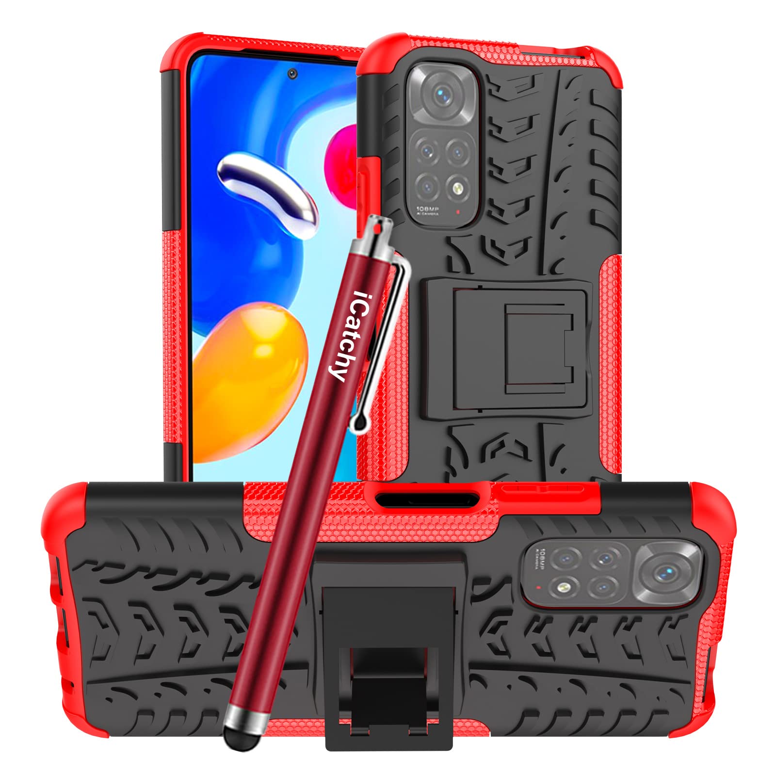 iCatchy for Xiaomi Redmi Note 11 Case, Heavy Duty Hard Tough Dual Layer Hybrid Shockproof Cover compatible For Xiaomi Redmi Note 11 Phone Case (Red)
