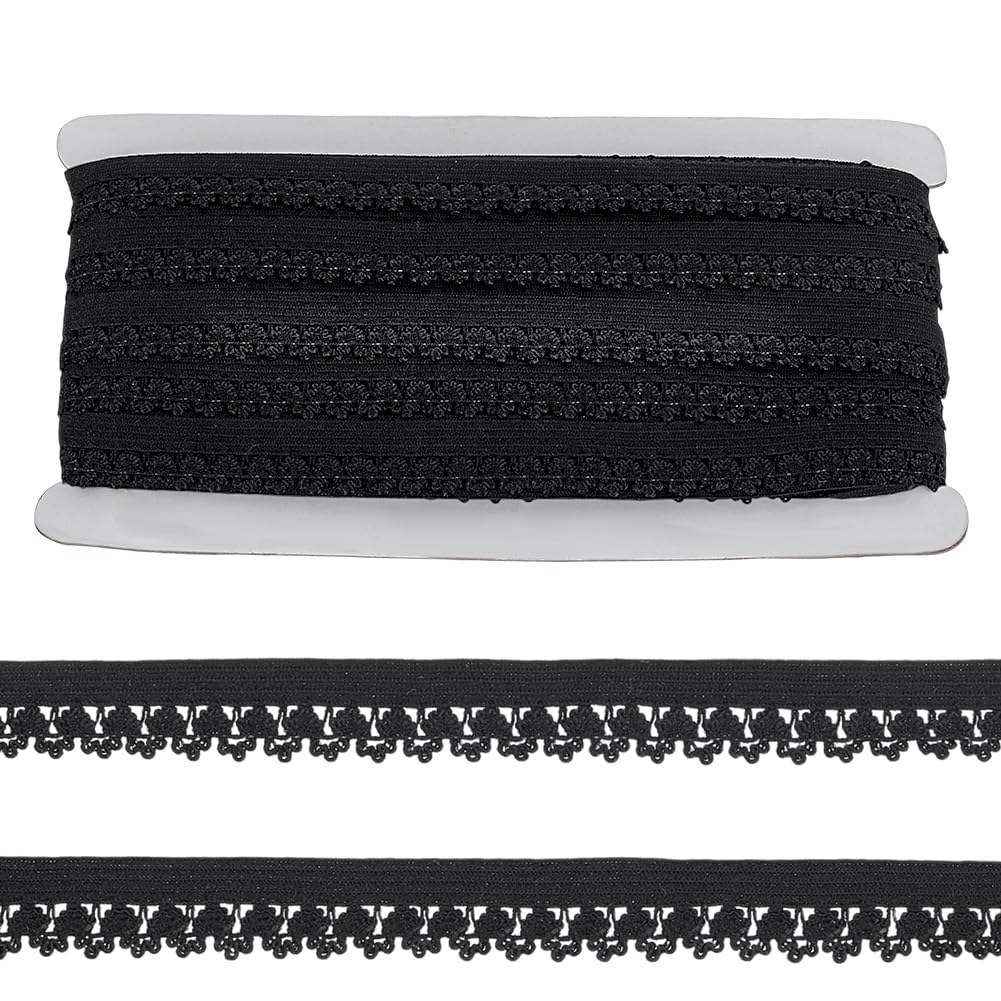 PH PandaHall 21 Yards Elastic Lace Trim, 1.5cm Stretch Lace Elastic Ribbon Single Edged Picot Trim Black Crochet Sewing Laces Ribbons Decorative Ribbon for Hair Ties Headband Panties Garment Sewing