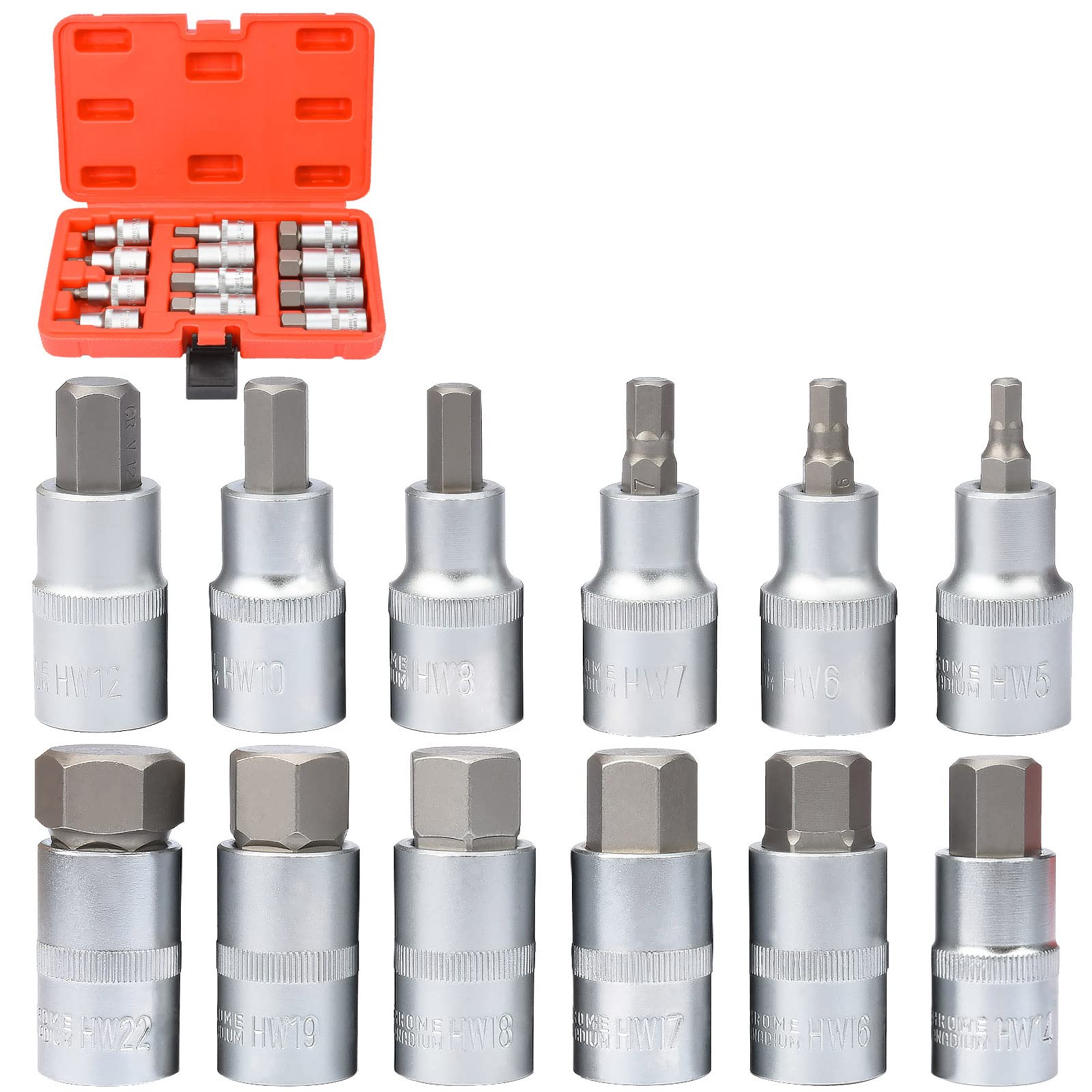 profiwoab Impact Hex Bit Socket Set 12PCS Hex Driver Bit Internal Hexagon 5-22 mm Allen Key Socket Set with Storage Case — image 1