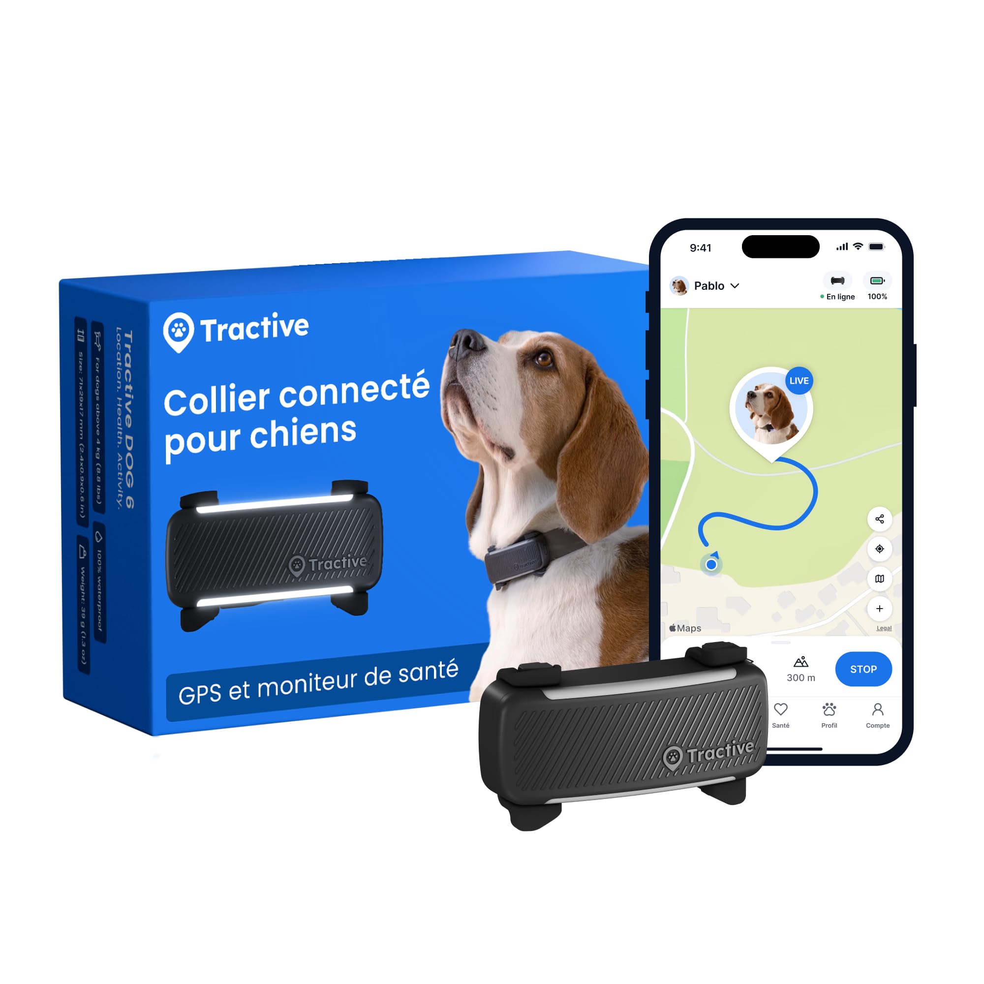 Tractive – Collier GPS pour chien | 2025 Édition | Leader du marché | Localisation en direct | Alertes anti-fugue | Moniteur d'activité et d'aboiements | Alertes de santé (Noir)