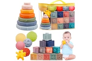 Plunack Baby Toys 6-12 Months Montessori Sensory Toys for Toddlers 3 in 1 Stacking Building Blocks Soft Infant Teething Toys 