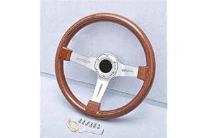NTING 14" Classic Wood Grain Steering Wheel Riveted Light Wood Grip, Universal Automotive Steering Wheels Slotted 3 Spoke with Horn Button, 350mm 14inch Silver