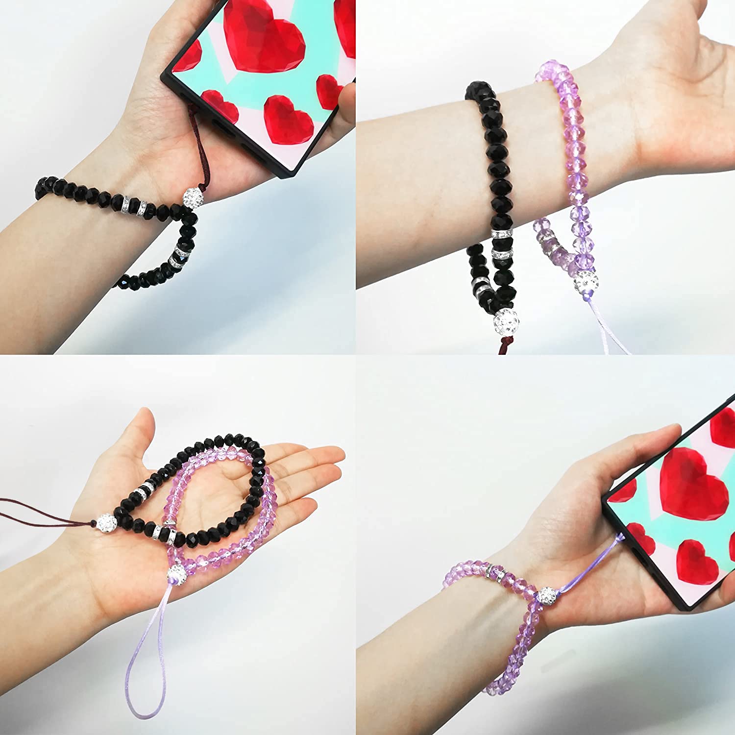 zdyCGTime Cell Phone Lanyard Strap Bling Crystal Beads Hand Wrist Lanyard Strap String for Cell Phone Camera Purse MP3 MP4 iPod PSP Keychain (2 Packs)(17cmBlack&Purple)