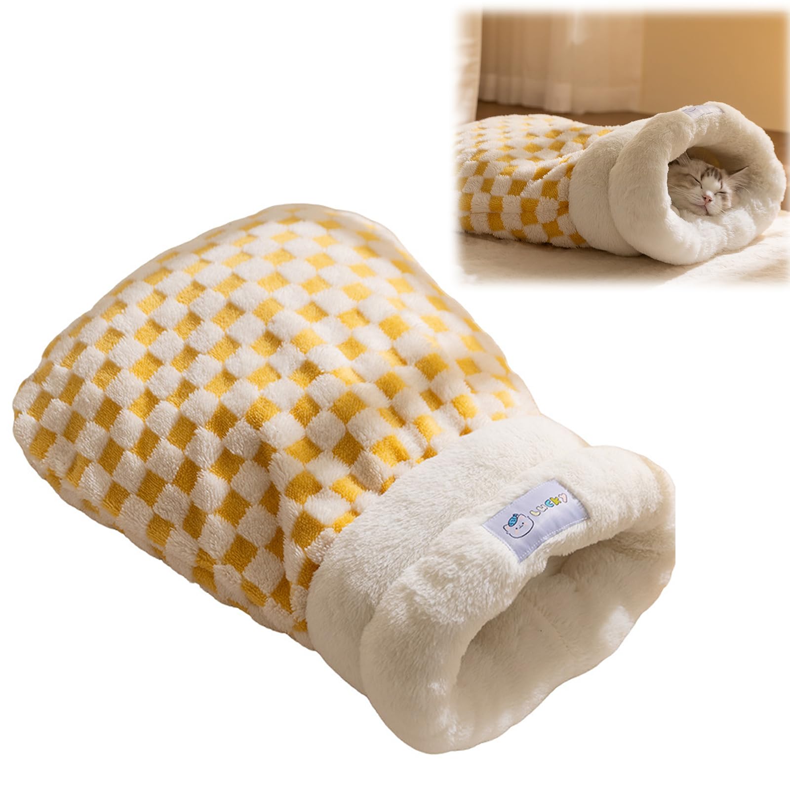 Photo 1 of Cat Sleeping Bag, Cat Sleeping Bag for Indoor Cats Self Heating Cozy Winter Soft Plush Self Warm Kittens Indoor Sack 360°Wrap Comfortable Pet Snuggle Sack for Cats up to 8kg/17.6lb (Yellow Plaid)