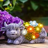 Goodeco Solar Highland Cow Garden Statue with Succulents Grey Resin