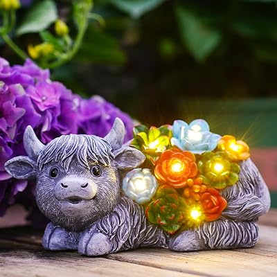 Goodeco Solar Highland Cow Garden Statue with Succulents Grey Resin