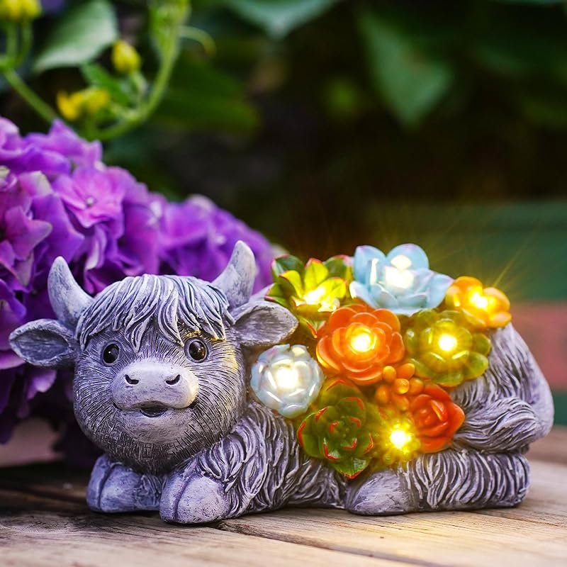 Goodeco Solar Highland Cow Garden Statue with Succulents Grey Resin