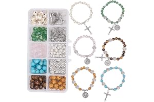 SUNNYCLUE 1 Box 276Pcs Rosary Cross Charms Round Cross Beads Beading Bracelets Making Kit DIY Synthetic Turquoise Beaded Adjustable Stretch Rosary Bracelet Kits Cross Beads Craft Kit Instruction