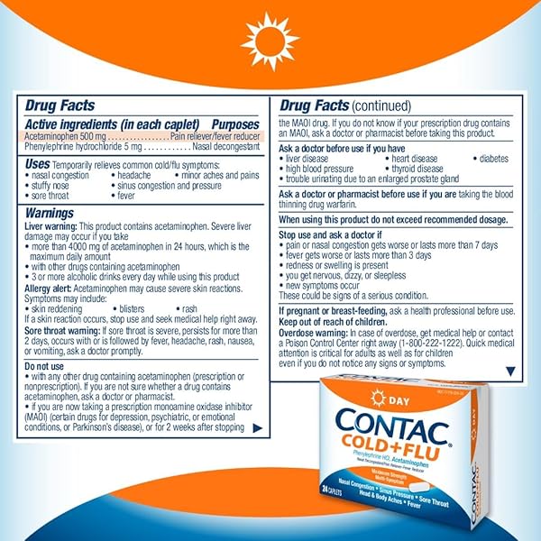 CONTAC COLD & FLU MEDICINE, NON-DROWSY, POWERFUL MULTI-SYMPTOM DAYTIME RELIEF FOR NASAL CONGESTION, SINUS PRESSURE, HEADACHE, FEVER, SORE THROAT, MINOR ACHES AND PAINS, 24 CAPLETS