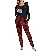Vlazom Women's Pajama Set 2 Pieces Soft Sleepwear Set Warm Long Sleeve Sweatshirt and Long Plaid Pants with Pockets S-XXL