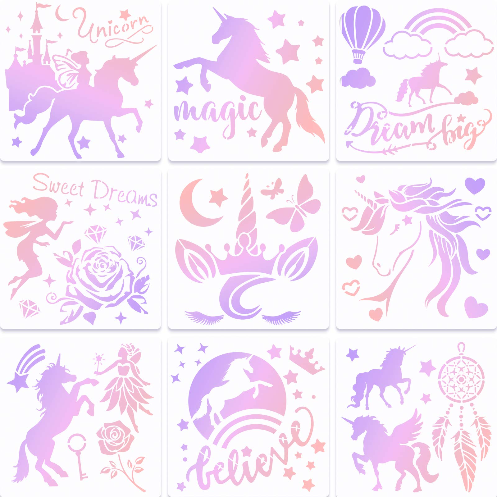 9 Pieces Unicorn Stencils Painting Templates Craft for Arts Card Making Journal Scrapbooking DIY Furniture Wall Floor Painting on Wood Fabric (8 x 8 Inches)
