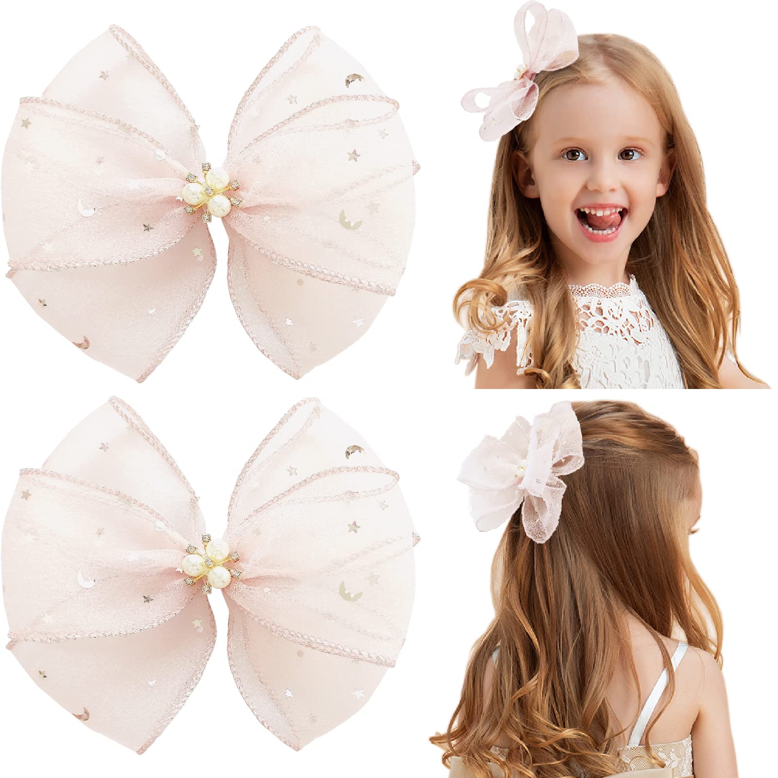 Photo 1 of LILIEBE 6” Big Girls Hair Bows with Clips, Toddler Hair Accessories for Flower Girl dress, Unique Cheer Bows & Pigtail Bows, Set of 2 (light pink-01, 6")