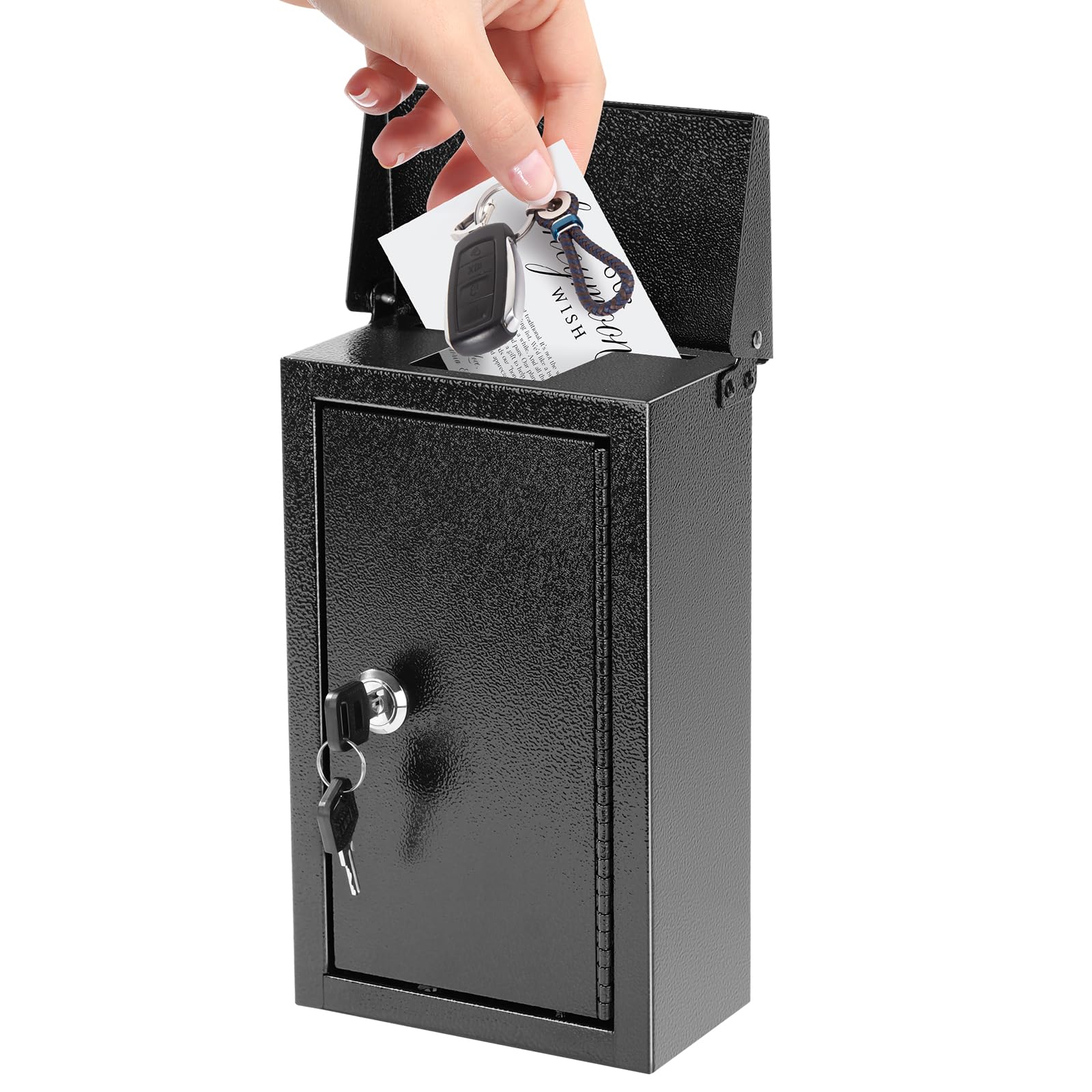 xydled Wall-Mounted Key Drop Box with Key Lock, Metal Mailbox, Indoor& Outdoor Storage Box, Hanging Secured Postbox, for Home & Business Use, 5.5X 3.0X 9.8 inch, Black